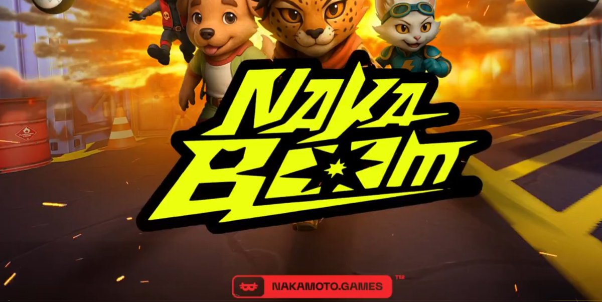 Bright neon "Naka Boom" logo with three cartoon animal characters against fiery backdrop