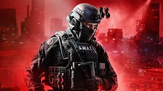 SWAT officer in tactical gear and night-vision helmet standing against red city backdrop
