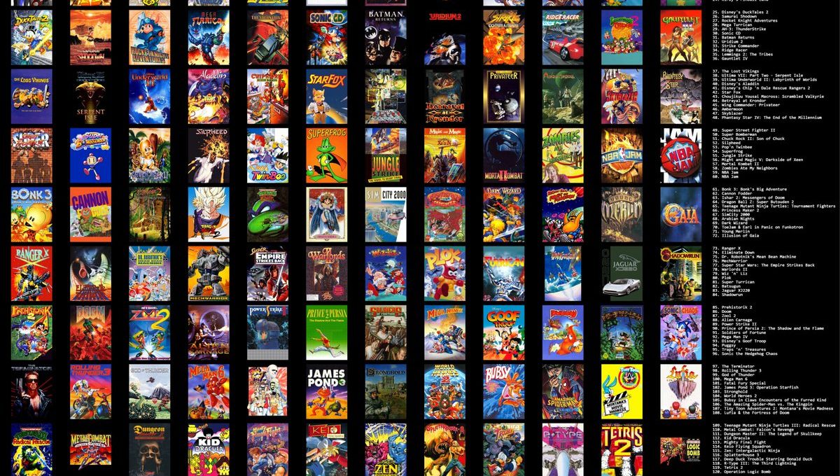 Grid of colorful 1993 video game box art covers with a numbered release list.
