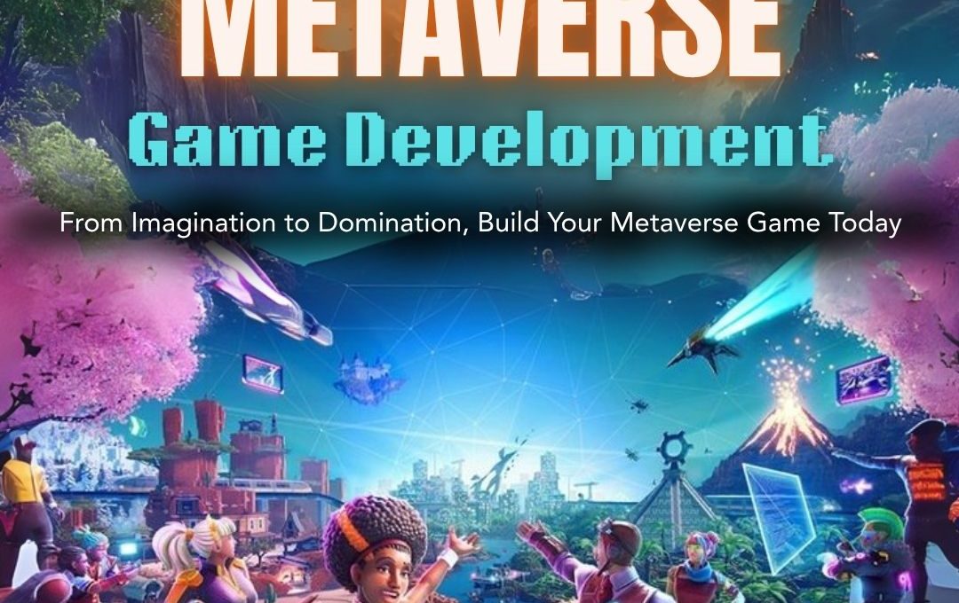 Colorful metaverse game scene with diverse avatars, futuristic landscape, and floating islands