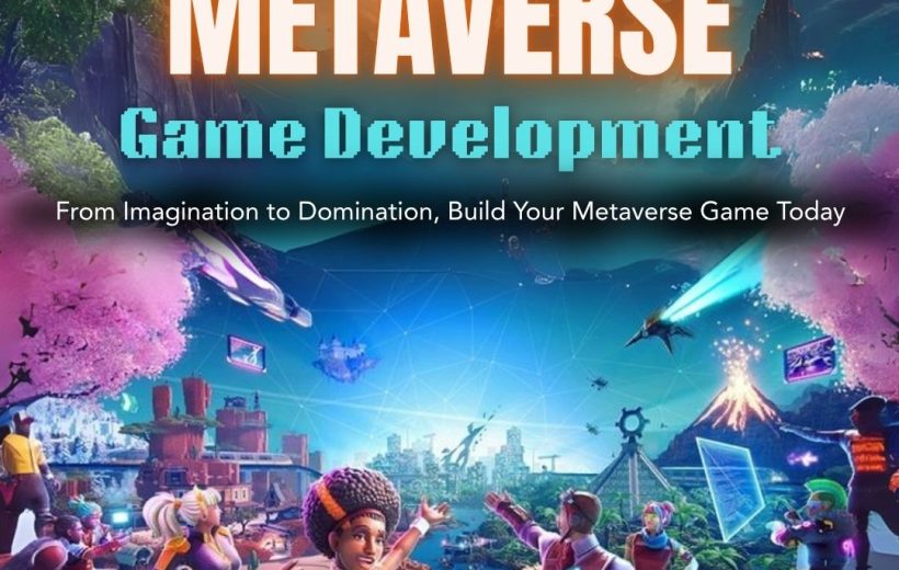 Colorful metaverse game scene with diverse avatars, futuristic landscape, and floating islands