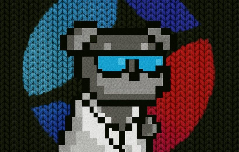 Pixelated gray bear wearing blue sunglasses and a white jacket against knitted background