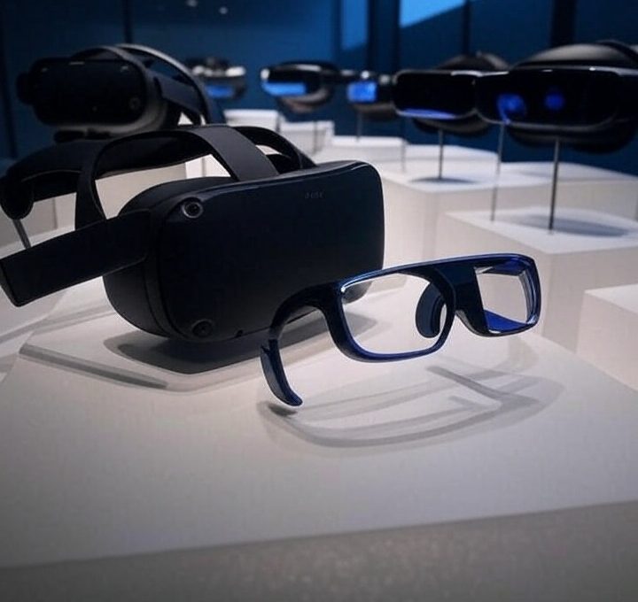 Row of black virtual reality headsets and blue smart glasses displayed on pedestals