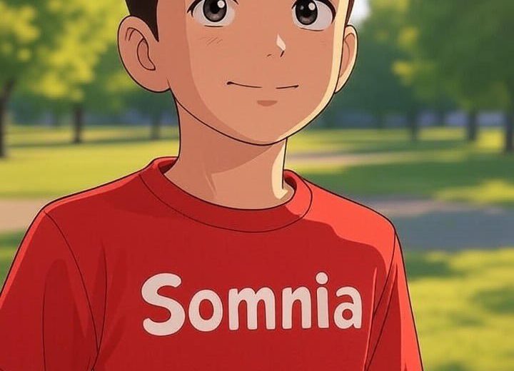Smiling young boy in a red "Somnia" T-shirt standing in a sunlit park