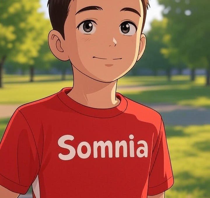 Smiling young boy in a red "Somnia" T-shirt standing in a sunlit park