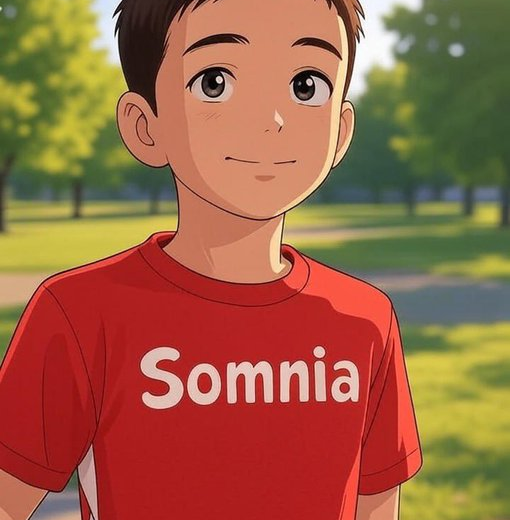 Young boy in a red "Somnia" T-shirt standing in a sunny park.