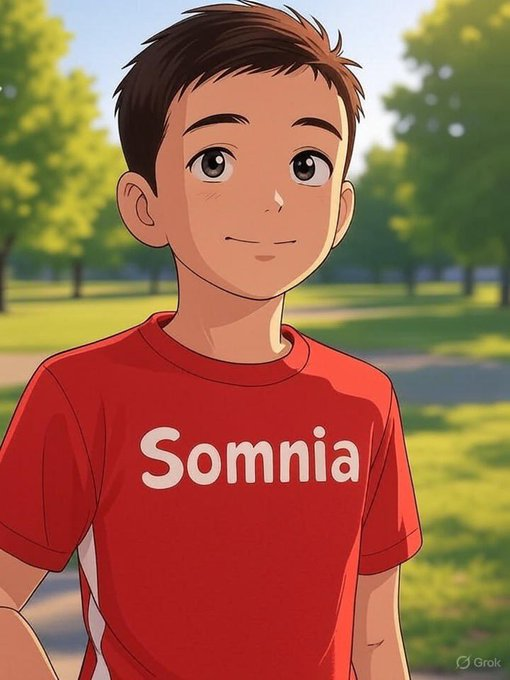 Young boy in a red "Somnia" T-shirt standing in a sunny park.