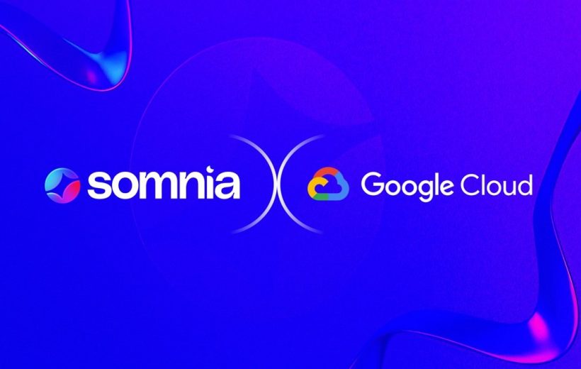 Somnia and Google Cloud logos centered on a vibrant blue-purple abstract background