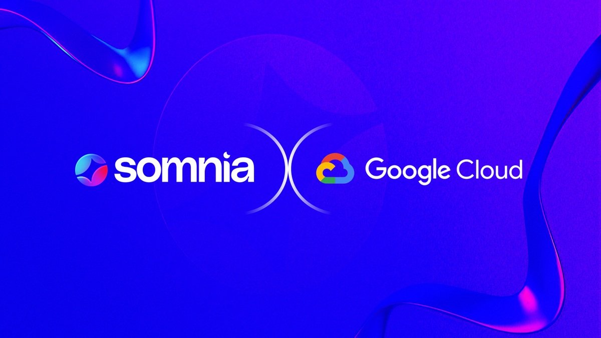Somnia and Google Cloud logos centered on a vibrant blue-purple abstract background