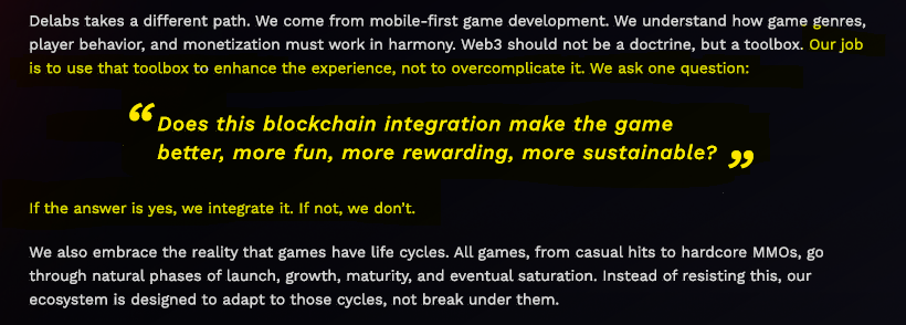 Dark webpage text with highlighted yellow quote asking if blockchain makes games better, more fun.