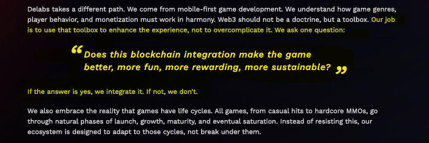 Dark webpage text with highlighted yellow quote asking if blockchain makes games better, more fun.