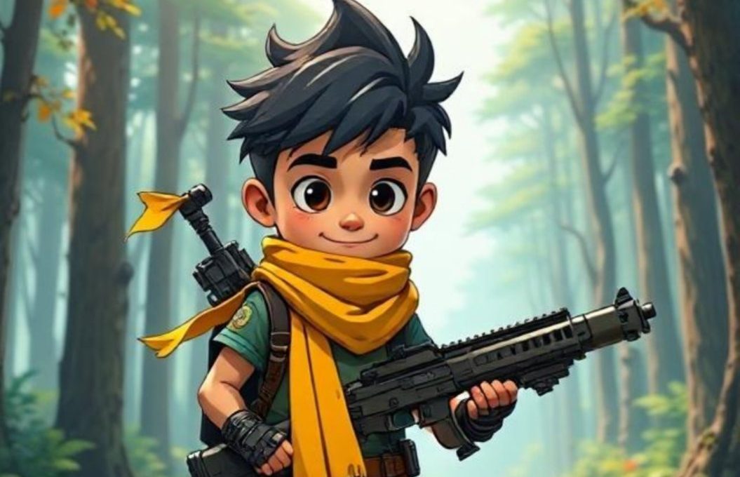 Young cartoon boy in forest wearing yellow scarf and carrying a large rifle
