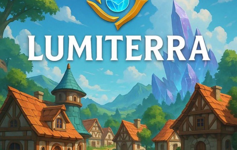 Fantasy village with timber cottages, a tower, distant crystal mountain and "LUMITERRA" logo.