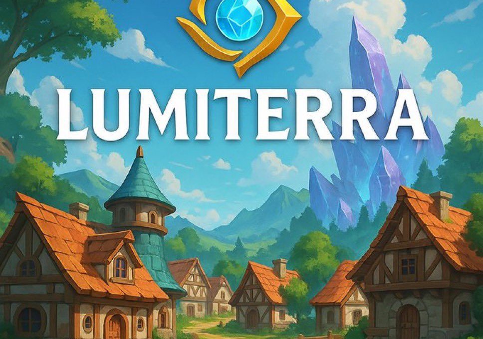 Fantasy village with timber cottages, a tower, distant crystal mountain and "LUMITERRA" logo.