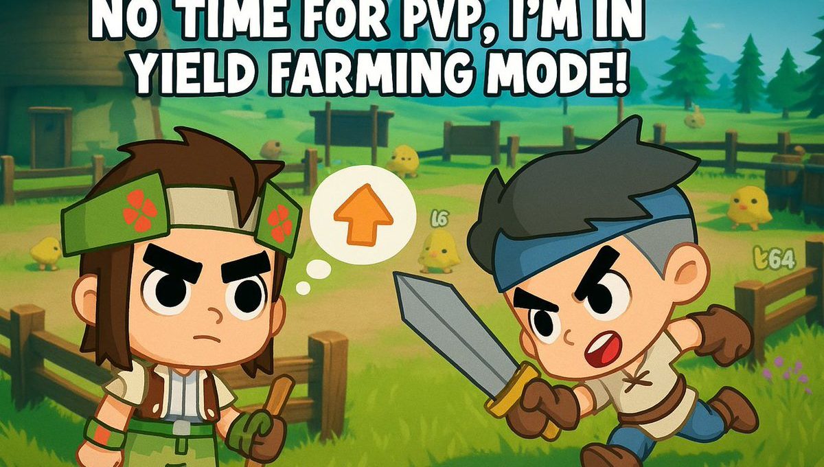 Two cartoon farmers in a field, one holding a shovel, one charging with a sword.