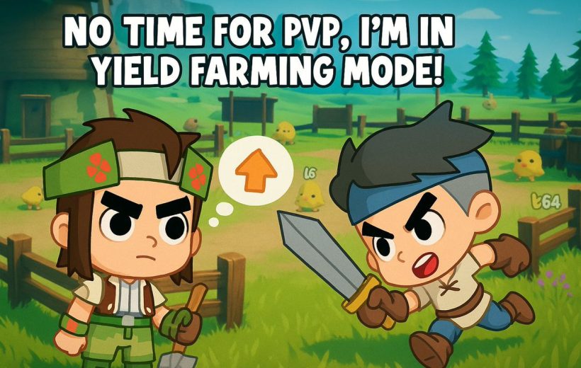 Two cartoon farmers in a field, one holding a shovel, one charging with a sword.