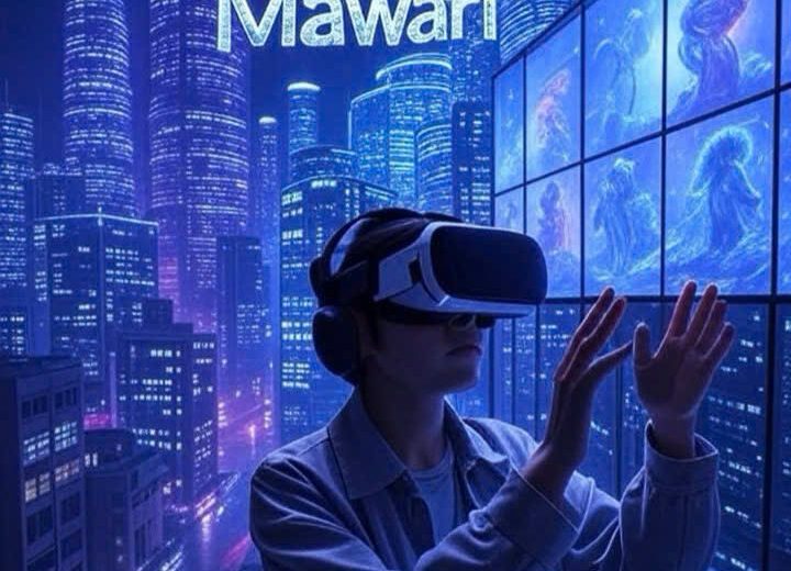 Person wearing VR headset reaching toward holographic screens in neon futuristic cityscape.