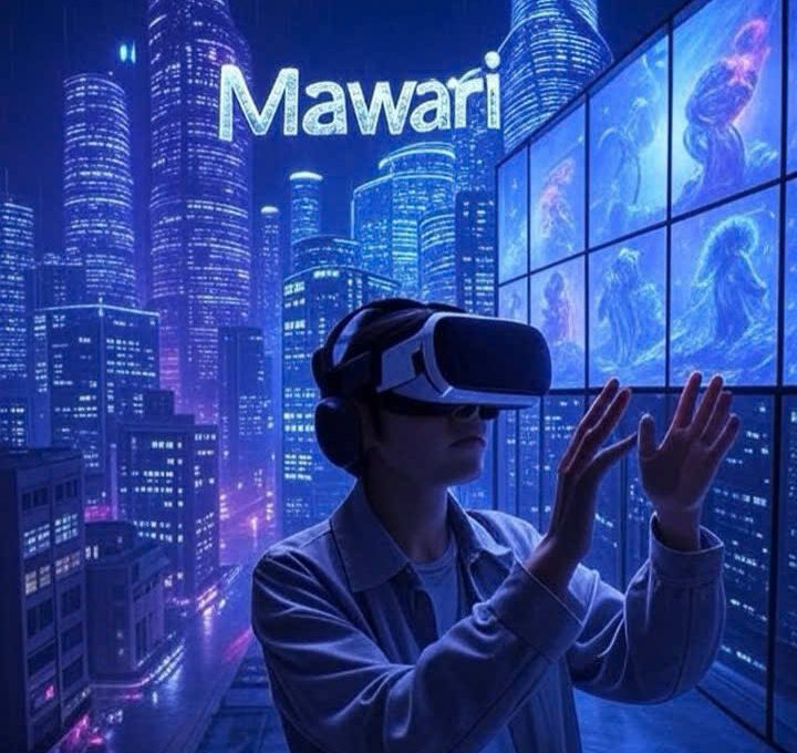 Person wearing VR headset reaching toward holographic screens in neon futuristic cityscape.
