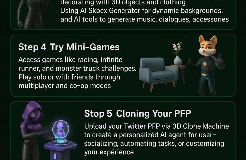 Infographic showing steps to join a metaverse app with avatars, mini-games, and marketplace