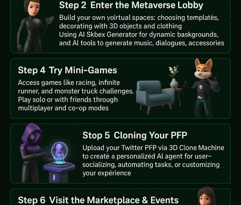 Infographic showing steps to join a metaverse app with avatars, mini-games, and marketplace