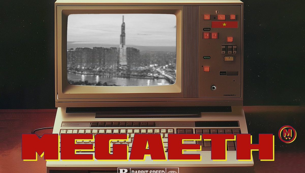 Vintage computer monitor showing black-and-white city skyline with bold "MEGAETH" title overlay