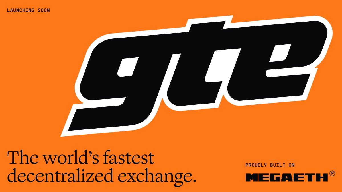Bold black "gte" logo on orange background with tagline about fastest decentralized exchange.