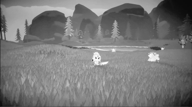 Low-poly grassy field with cartoon creatures and distant pine trees beneath rocky hills