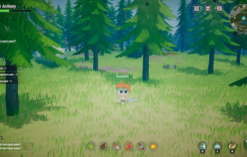 Cartoon player character named Anthony holding a sword standing in a pine forest clearing