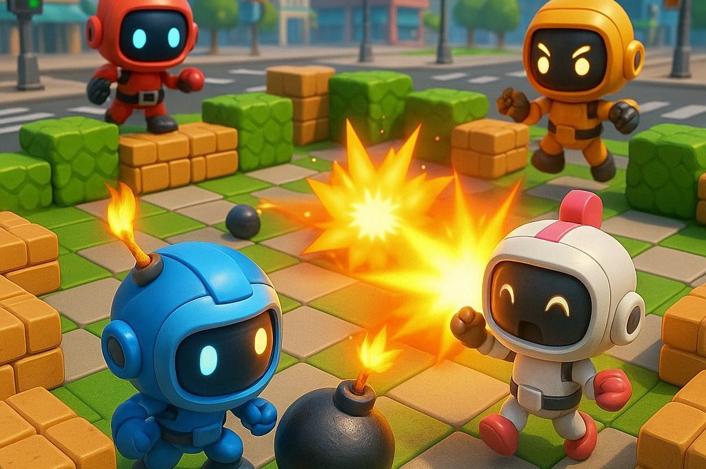 Four colorful cartoon robots playing a bomb game on a blocky city arena