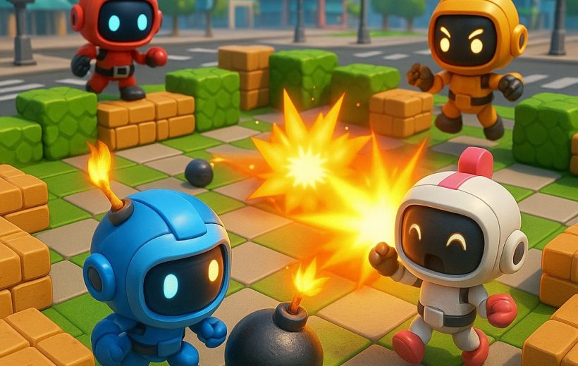 Four colorful cartoon robots playing a bomb game on a blocky city arena
