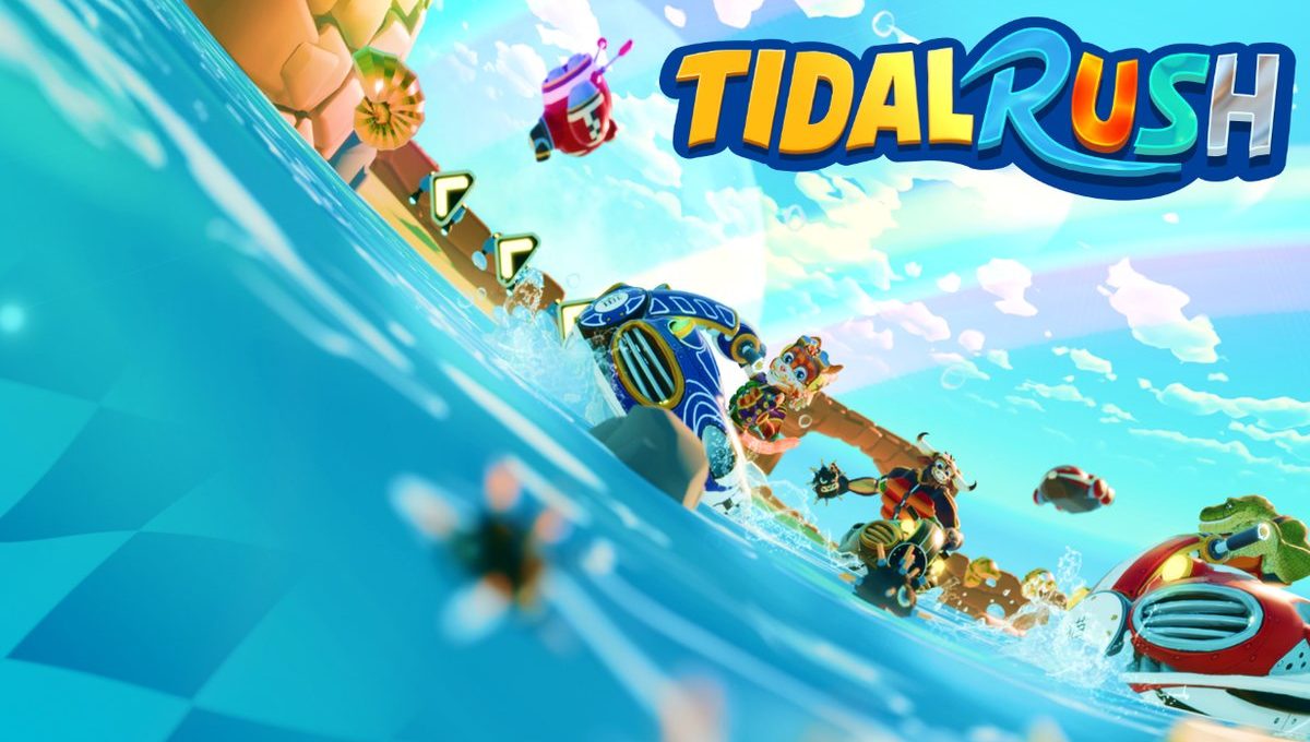 Colorful characters racing waterproof vehicles across bright ocean waves with "Tidal Rush" logo