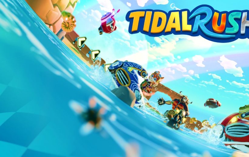 Colorful characters racing waterproof vehicles across bright ocean waves with "Tidal Rush" logo