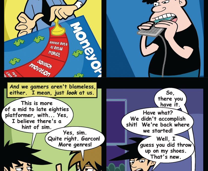 Four-panel comic showing gamers, a greedy executive, and arguing friends about gaming trends