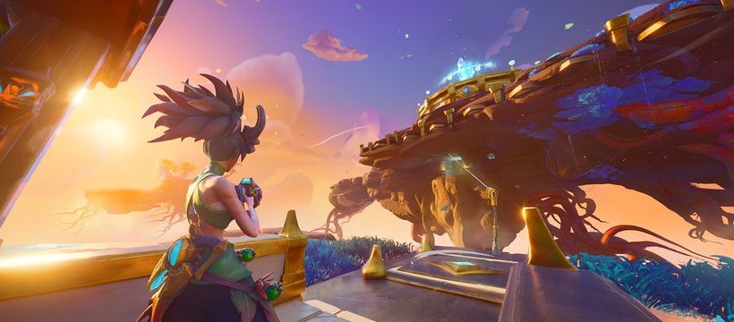 Young adventurer overlooking a glowing floating island at sunset in a fantasy world