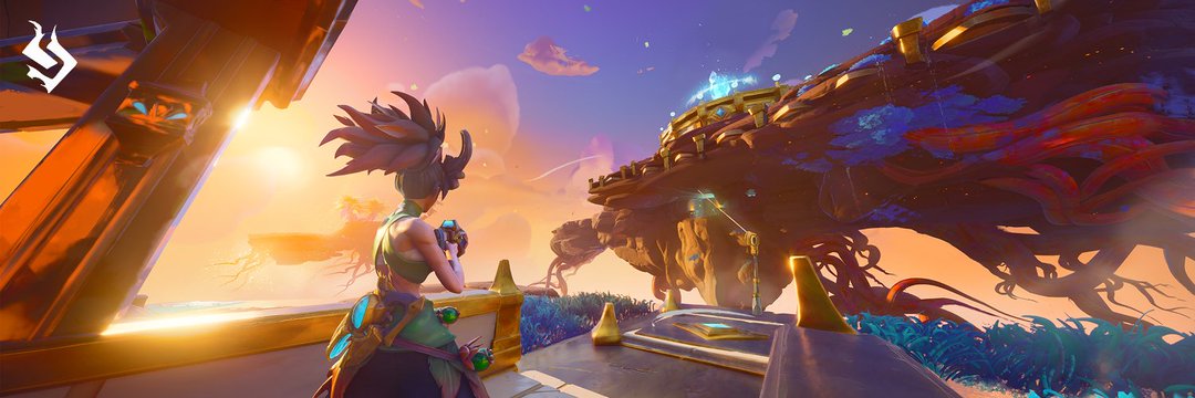 Young adventurer overlooking a glowing floating island at sunset in a fantasy world