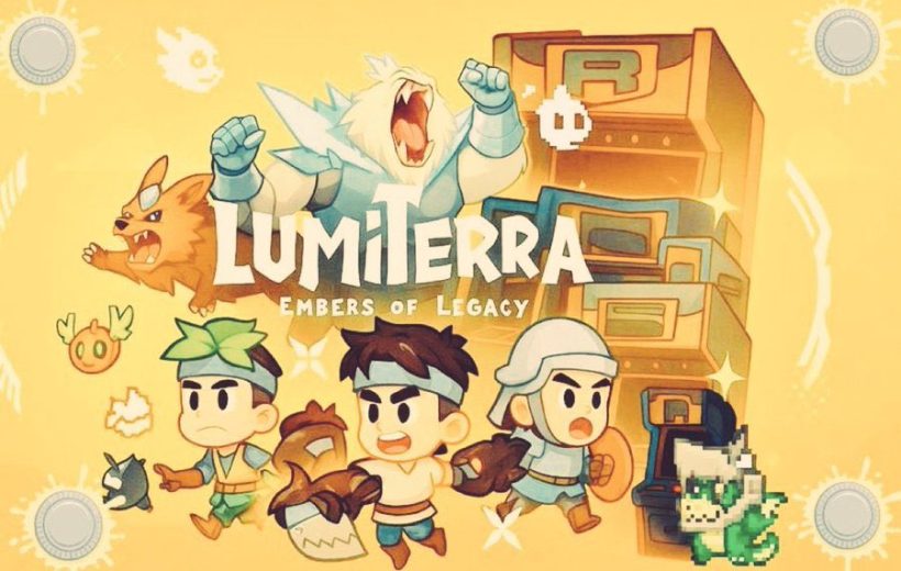 Colorful Lumiterra game art featuring three chibi heroes, monsters, and treasure stack