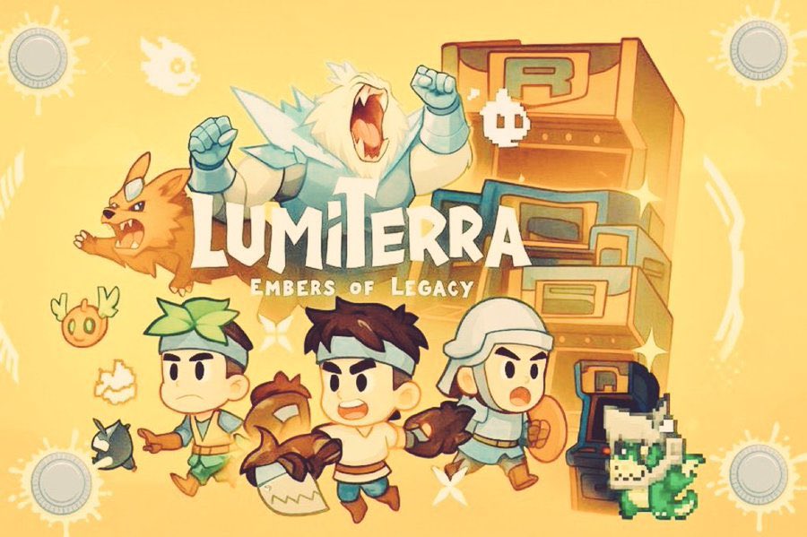 Colorful Lumiterra game art featuring three chibi heroes, monsters, and treasure stack