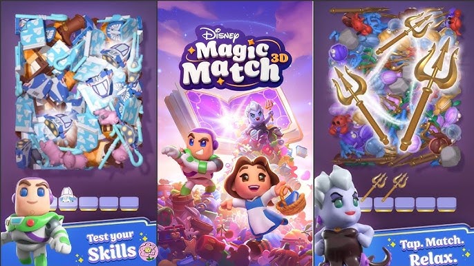 Colorful Disney Magic Match 3D game screen with characters, puzzle tiles, and logo