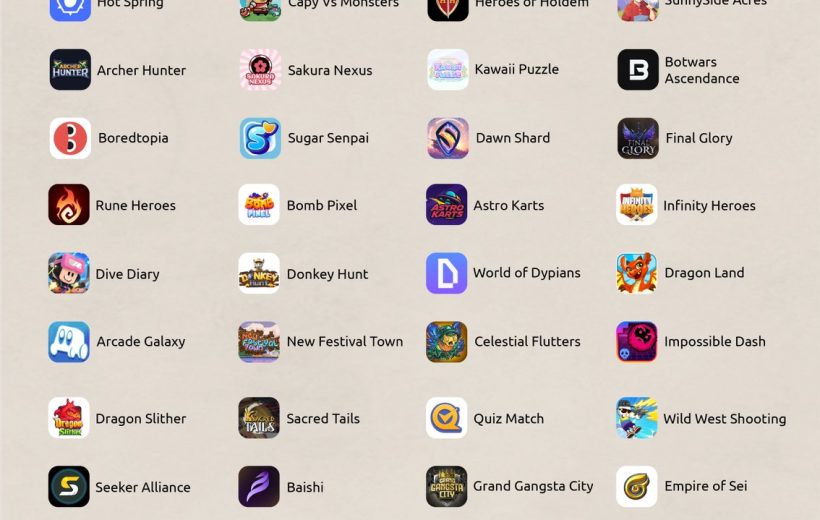 Grid of Sei blockchain game icons and names organized in four columns on beige background