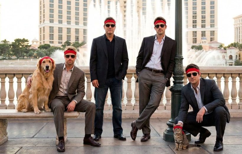 Four men wearing suits and red headbands pose with a dog and cat outdoors