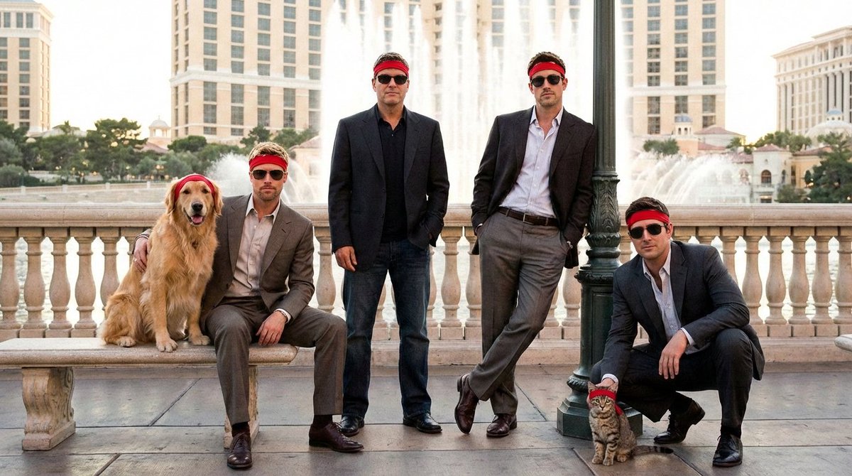 Four men wearing suits and red headbands pose with a dog and cat outdoors