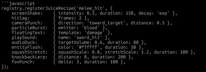 Dark terminal window showing JavaScript code registering a melee hit effect with parameters