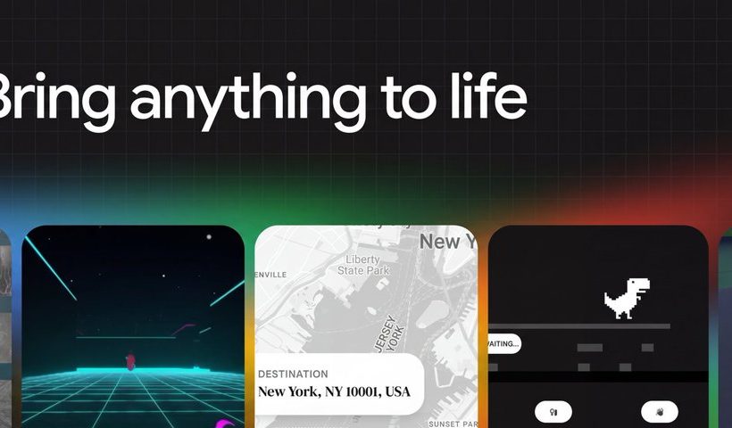 Banner showing app cards beneath the headline "Bring anything to life" on dark grid background