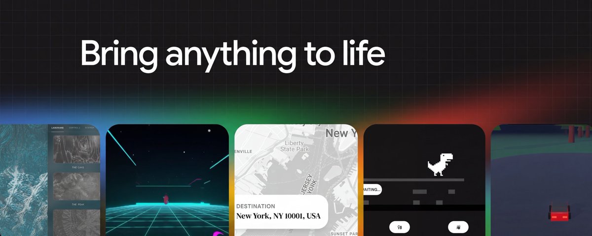Banner showing app cards beneath the headline "Bring anything to life" on dark grid background