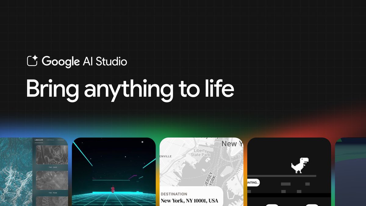 Google AI Studio banner reading "Bring anything to life" with colorful app previews below