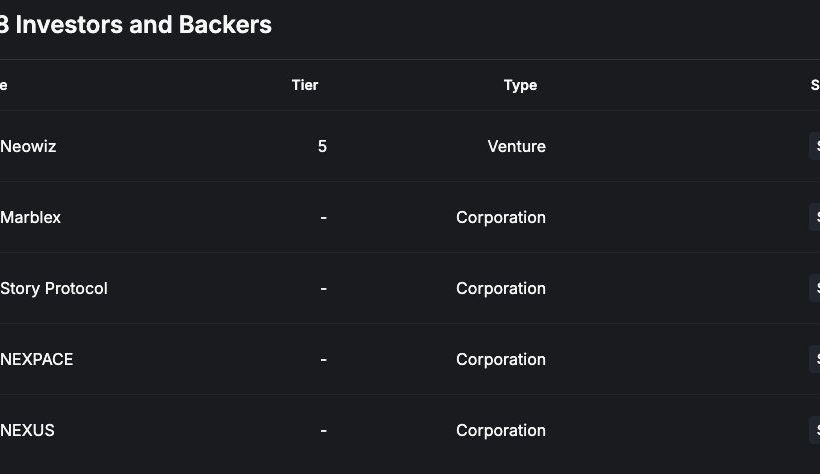 Table listing Verse8 investors and backers with names, types, tier, and seed stage