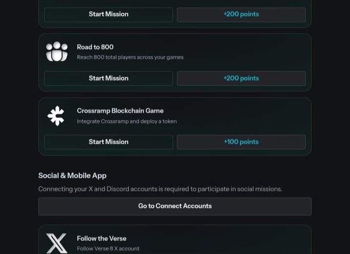 Dark app interface listing missions like "Start Mission" with point rewards for tasks