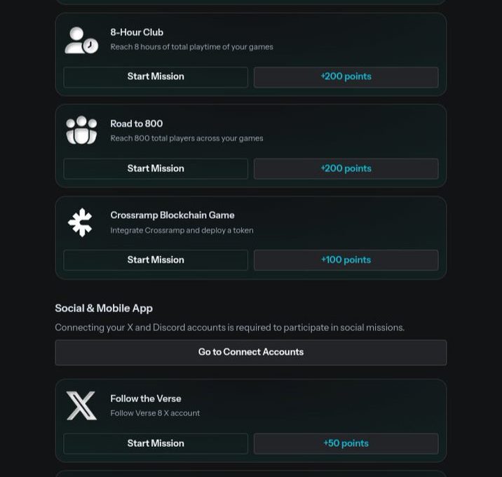 Dark app interface listing missions like "Start Mission" with point rewards for tasks