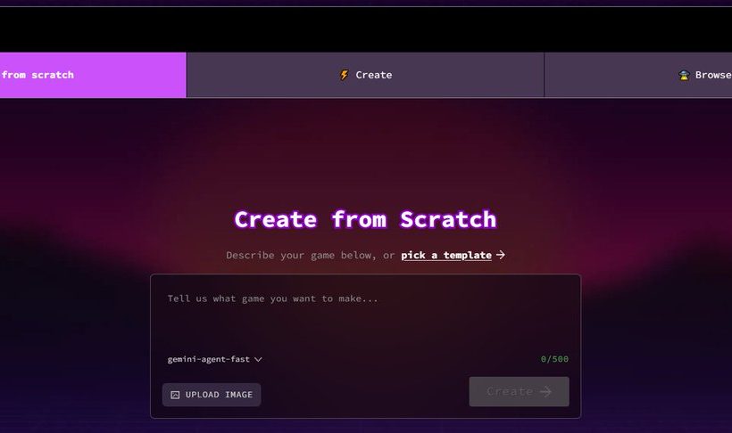 Website interface with "Create from Scratch" heading and a dark purple creation form