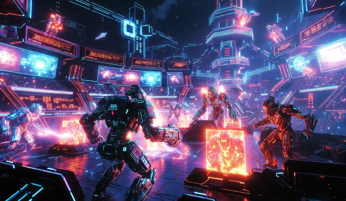 Futuristic neon-lit arena with armored robots battling amid holographic screens and glowing cubes